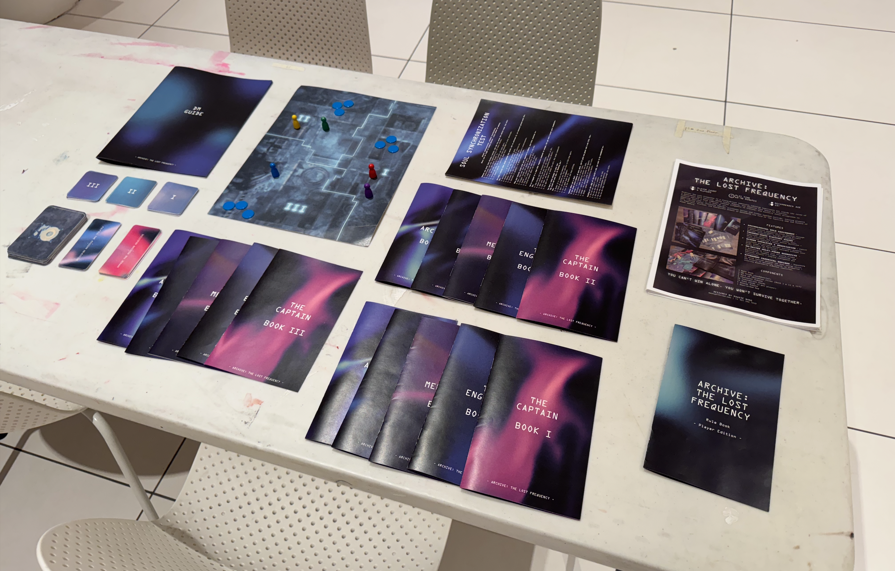 The complete Archive tabletop prototype laid out with its board, cards, tokens, character booklets, rule book and DM guide