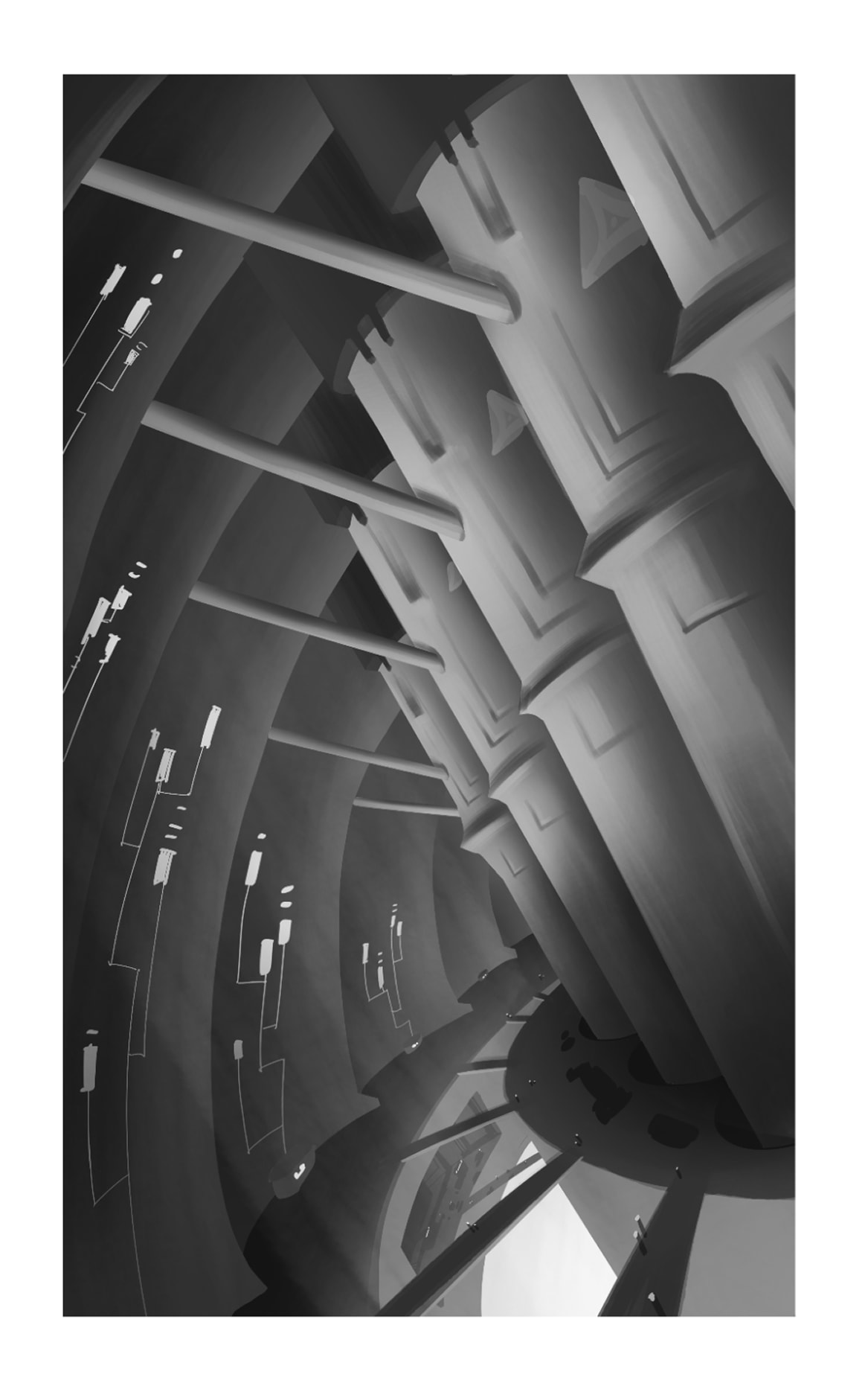 Early interior study of the CRC regulation chamber with tall curved walls and structural ribs