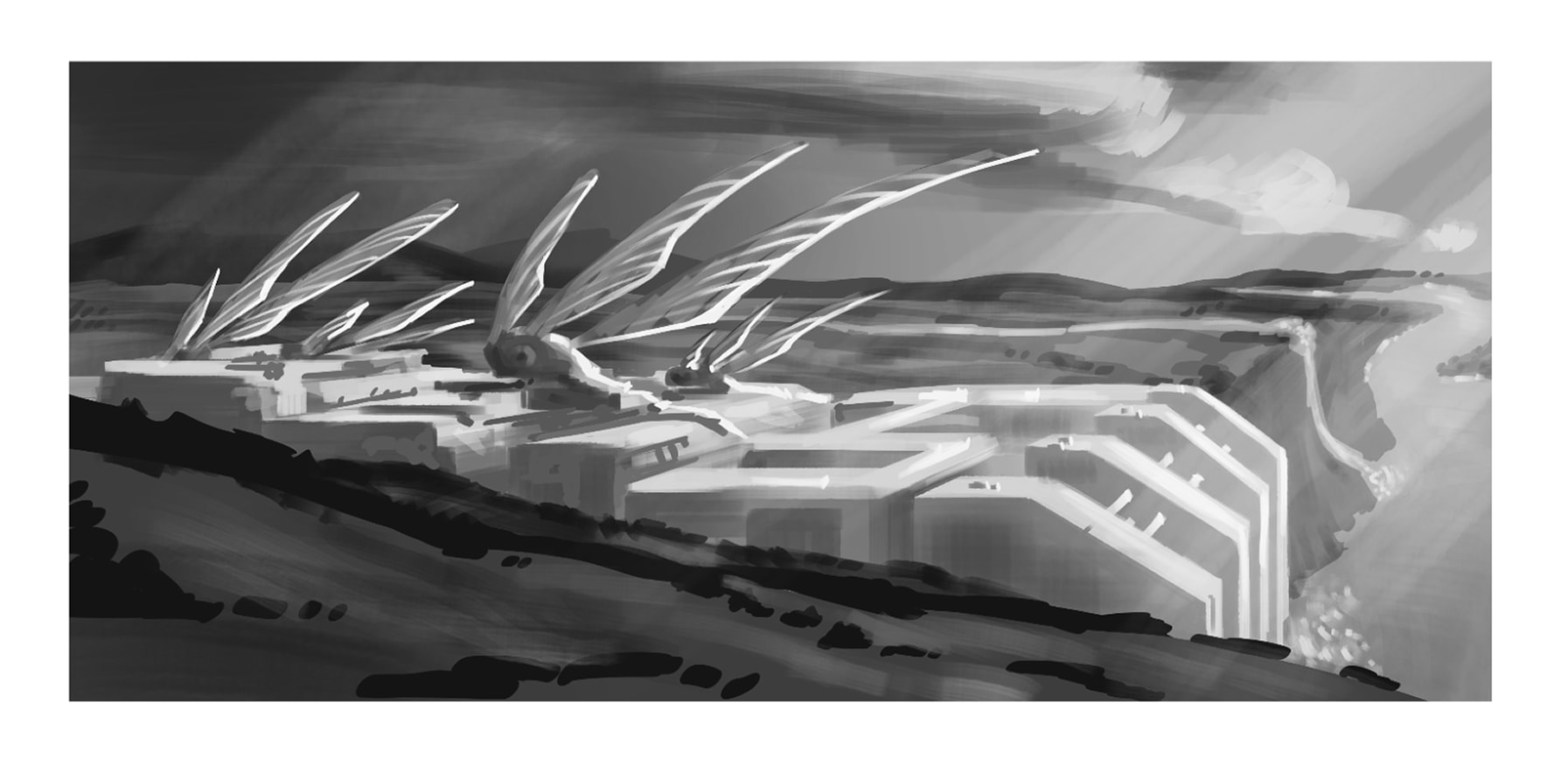 Early exterior study of Oscillon’s repurposed dam with large fin-like structures above the city