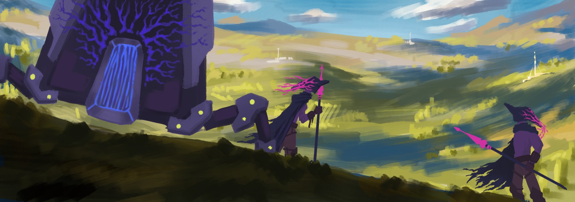 Early Nomads concept with two traveling figures and a large walking structure crossing an open landscape