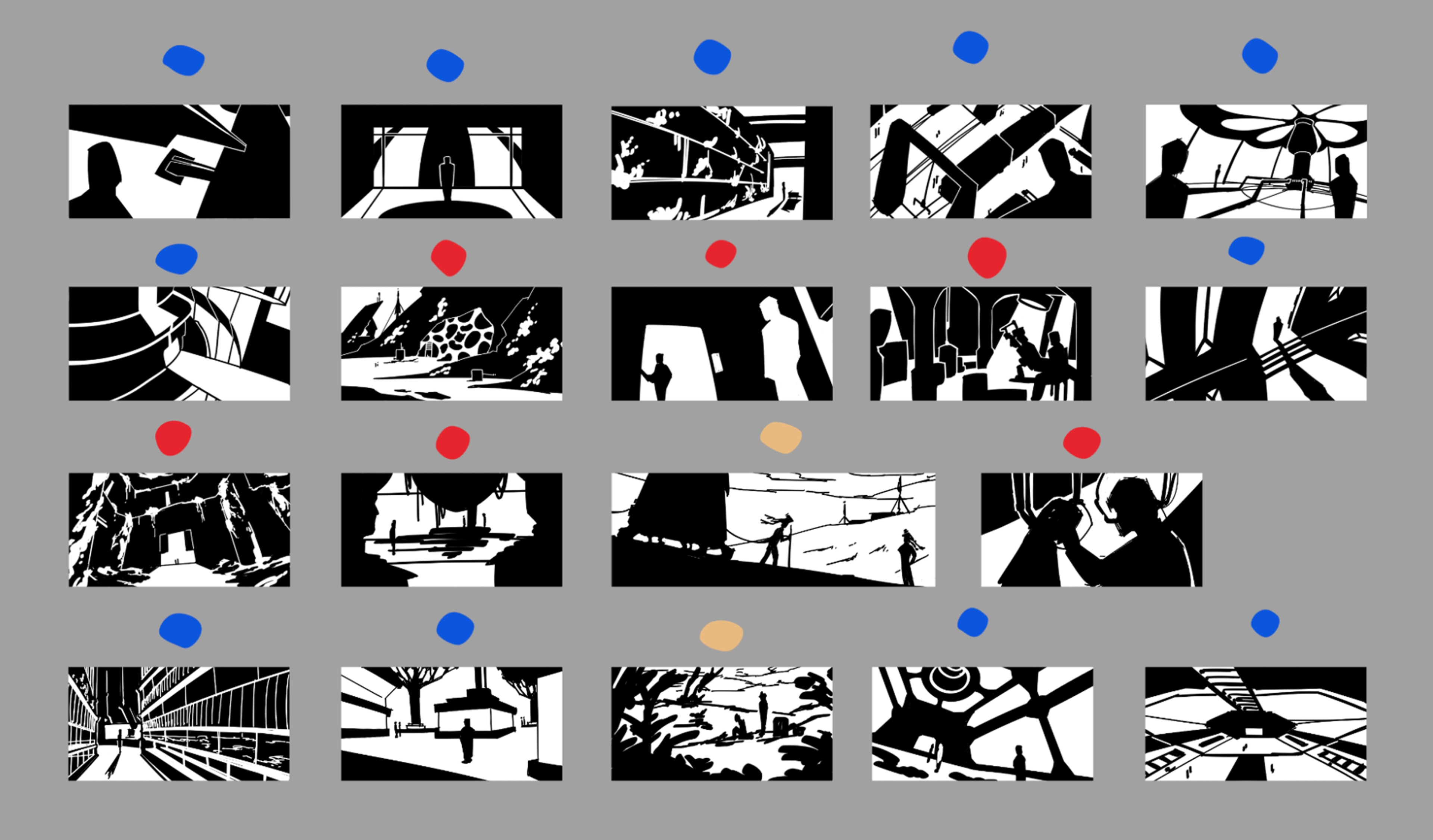 Early black-and-white environment thumbnails, marked blue for CRC, red for Undercurrent and pale yellow for Sporeborn