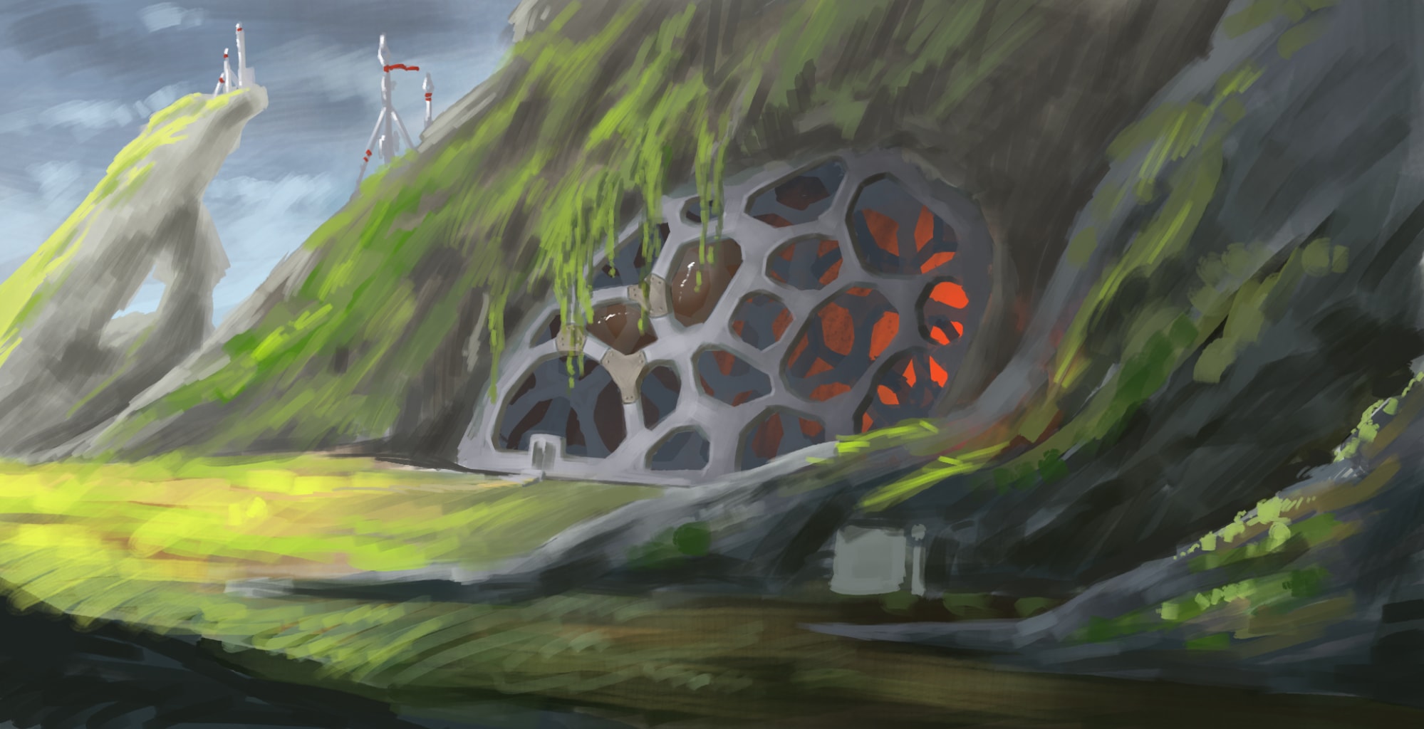Early Undercurrent settlement concept showing a cave entrance reinforced with a protective lattice and structures on the surrounding cliffs