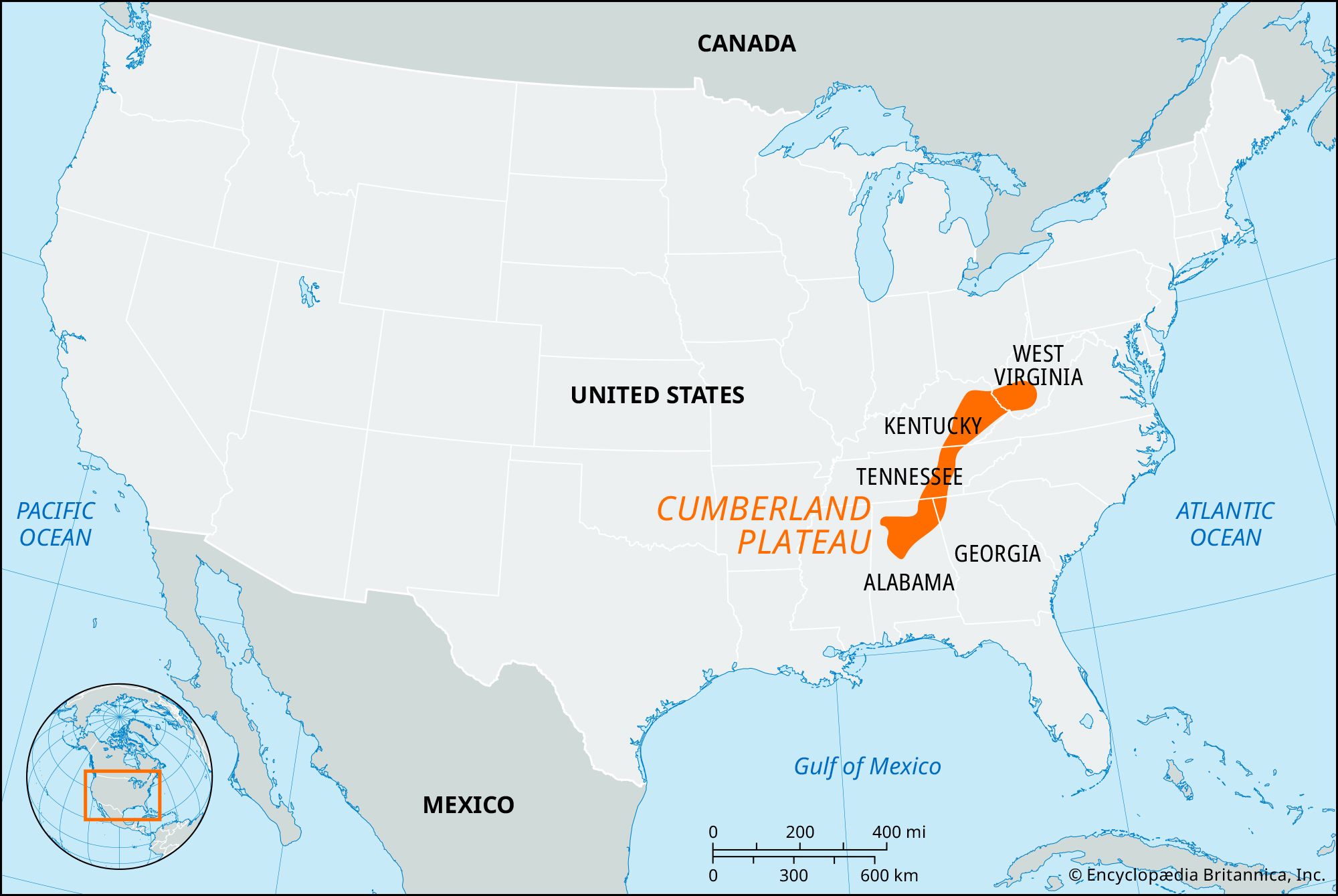 Locator map highlighting the Cumberland Plateau in orange in the eastern United States, including Kentucky and Tennessee